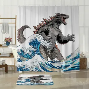 Godzilla Wave Theme Shower Curtain Set, Blue Colors, Includes Plastic Hooks, Anti-Slip Mat, Toilet Pad, Ideal Gift