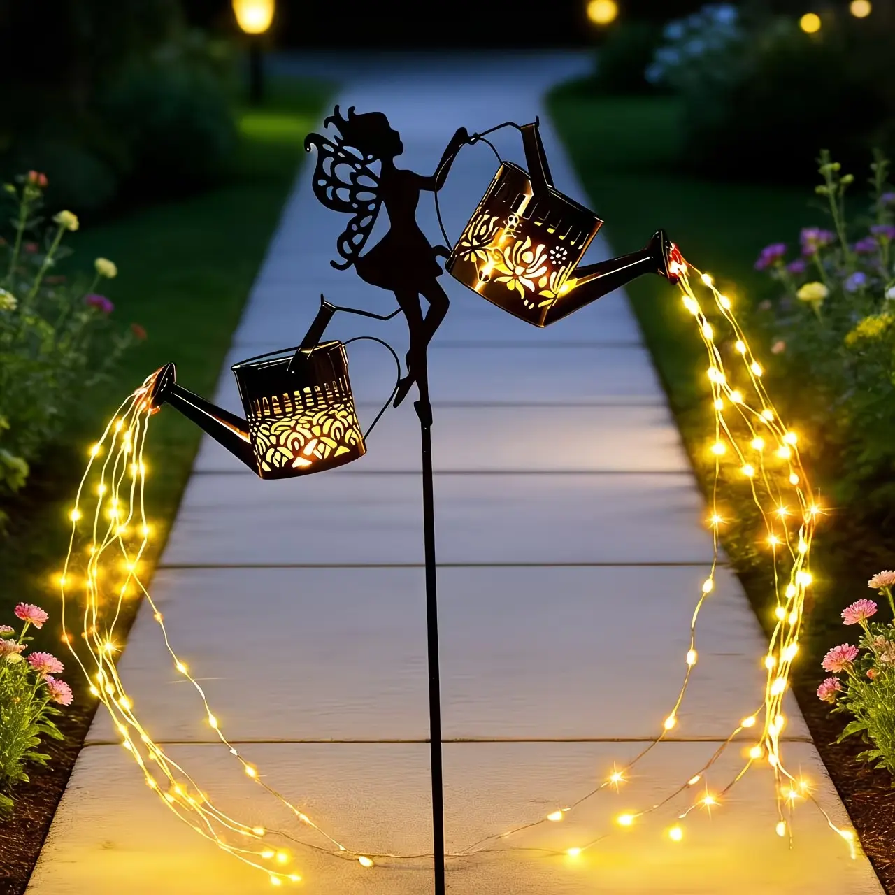 Newly Upgraded Outdoor Courtyard Solar Lawn Lights, Fairy Water Kettle Waterfall Flowing Lights with 150 Warm White LED Flashing Beads, IP44 Solar Garden Outdoor Decorative Lights, Solar Rose Patterned Pendant Lights for Outdoor Party