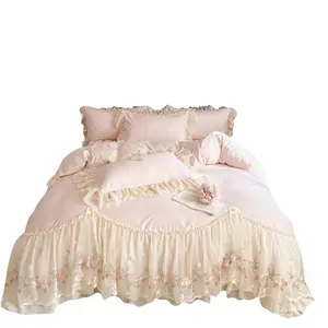 New All-Cotton Four-Piece Bedding Set 100% Pure Cotton Princess Style Lace Trim Duvet Cover Bed Sheet Bed Skirt Bedding Accessories for Cozy Bedroom Decor Luxurious Pink  comforter Luxury All-Season