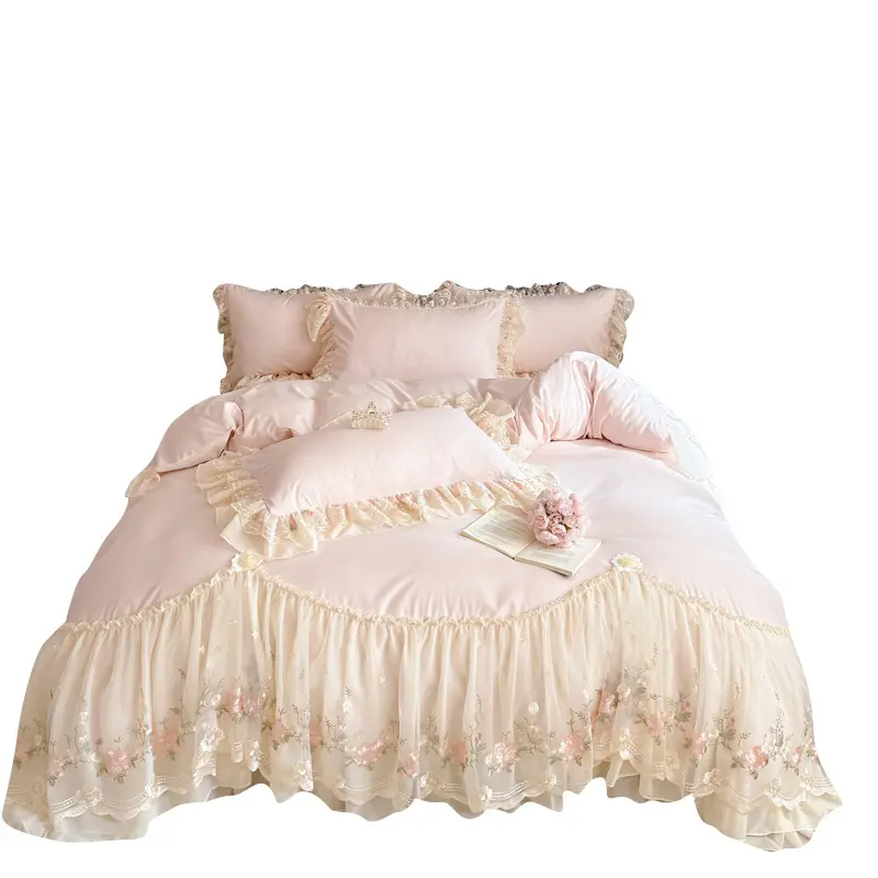 New Washed Cotton Princess-Style Bedding Set - Lace Trim Duvet Cover & Flat Sheet, Durable Breathable Floral Bedding for Home Decor & Girl Room Use
