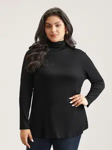 【Summer Turn-Up】BlOOMCHIC Plus Size Supersoft Essentials Solid Funnel Neck Knit T-shirt Fit Knitwear Womenswear Tops Sleeve Knitting Basic Black Chic Elegant callie hart [M-6X] 2026 Summer Pick for Mother's Day