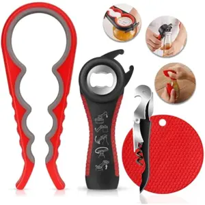 Jar Opener for Weak Hands & Seniors with Arthritis (4-Piece Set) – 5-in-1 Bottle & Can Opener Kitchen Gadget with Non-Slip Silicone Gripper Pad & Corkscrew Wine Opener