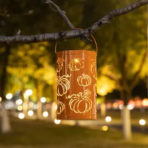 Glitzhome 10.75"H Fall Metal Pumpkin Solar Powered LED Lantern
