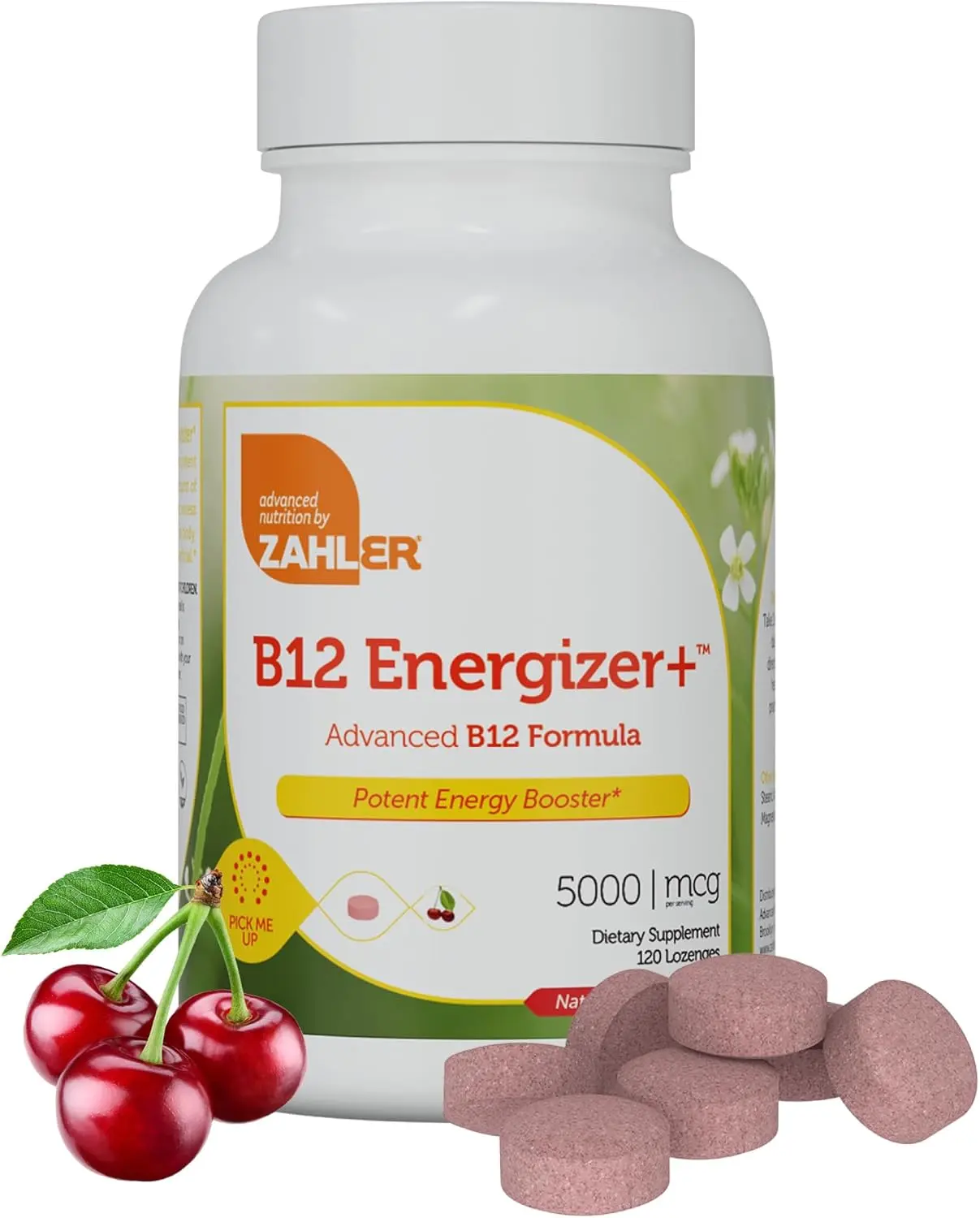 Zahler B12 Energizer+ 5000 mcg Natural Cherry Flavor Dissolvable Lozenges Kosher Gluten Free Non-GMO 120 Count High Potency Energy Support Supplement for Brain Health