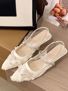 Lace Rhinestone Pointed Toe Slingback Heels, Mesh Floral & Sparkle Strap, Perfect for Party & Date Night, Sexy Style, Less Than Ankle Height, Footwear