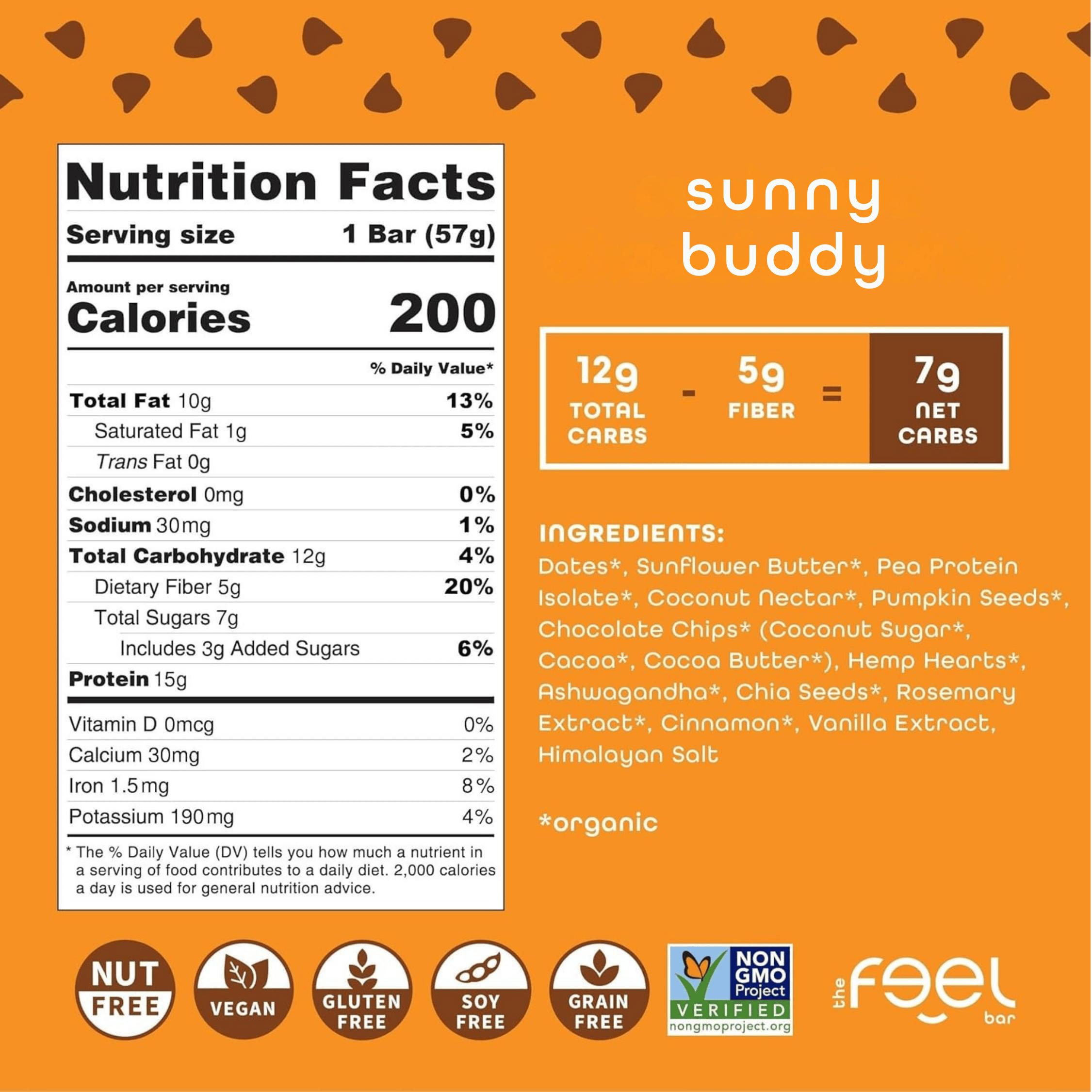 Feel Bars – Vegan Protein Bars | Sunny Buddy – 10 Pack | 15g Plant Protein | Ashwagandha | Keto | Organic | Gluten Free, No Nuts, No Soy, No Dairy, No Grains