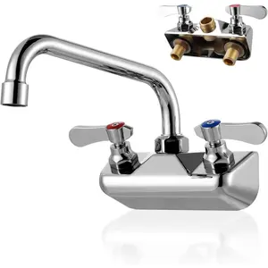 Commercial Hand Sink Faucet: 8" Swivel Spout 4'' Center Wall Mount Utility Faucet, Brass Constructed with 360? Swivel Spout, Dual Lever Handles, Restaurant/Laundry/Bar/RV, Chrome Polished