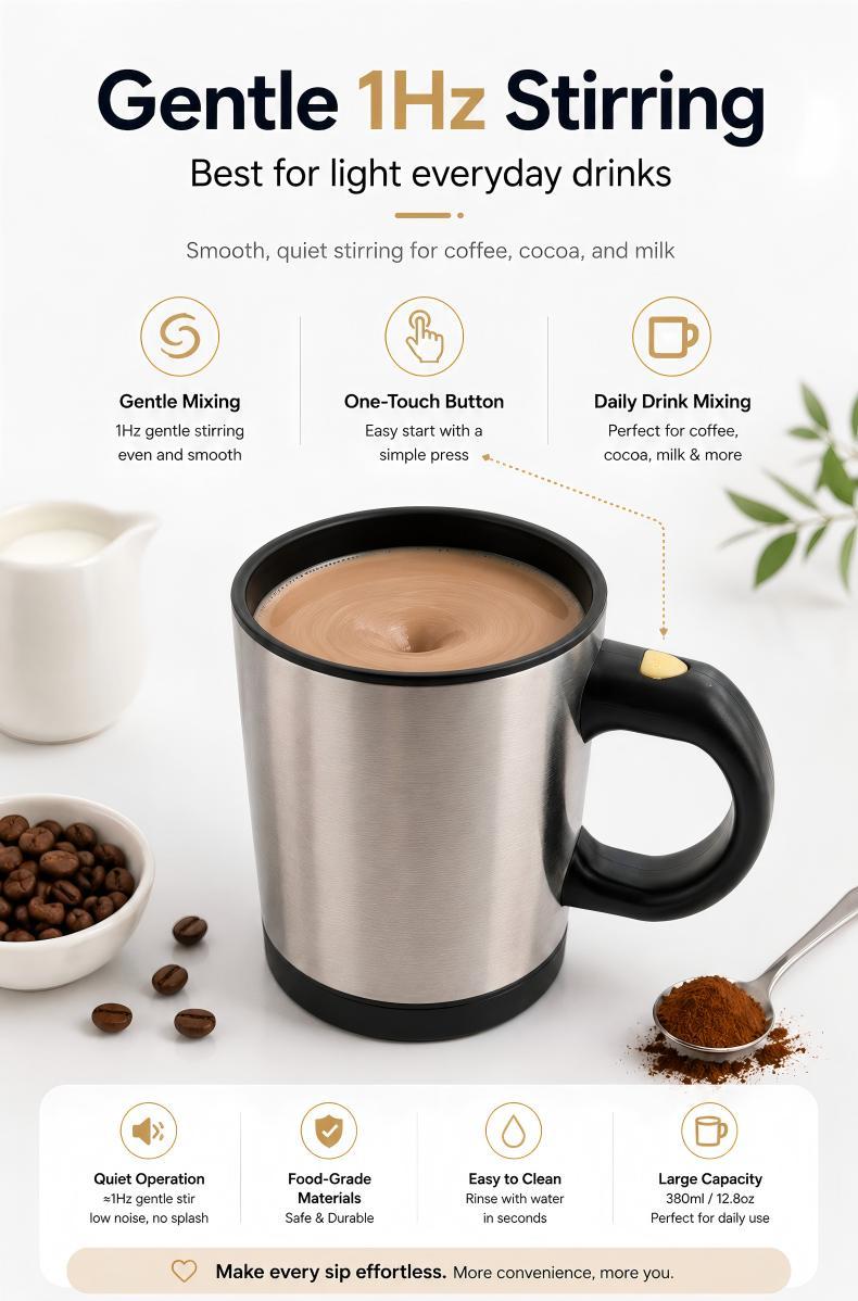 Battery-Powered Self-Stirring Mug, Automatic Mixing Cup for Coffee, Cocoa & Milk, 1Hz Gentle Mixing Drinkware for Office Use, Reusable Kitchenware, Reuse