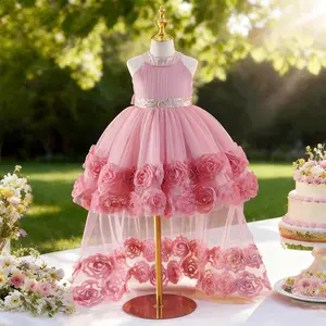 Girls Pink Floral Tulle Princess Dress Sleeveless Party Dress for Wedding Birthday Special Occasion