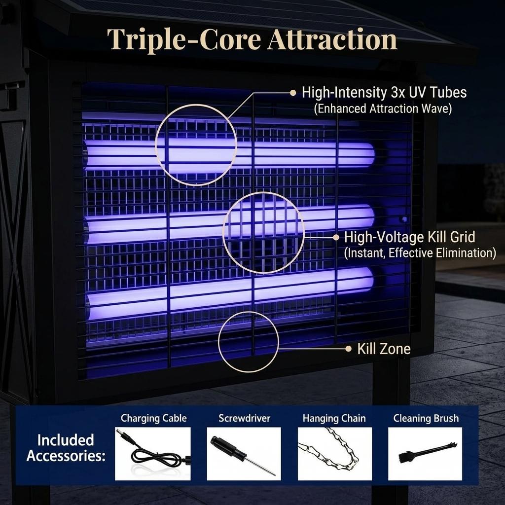 Dual Mount Bug Eliminator Solar Powered Fly Zapper 4500V Electric Shock 3 UV LED Lights 2000 Sq Ft Wide Coverage Portable Ground Spike Hanging Insect Catcher for Lawn Camper Pool Yard