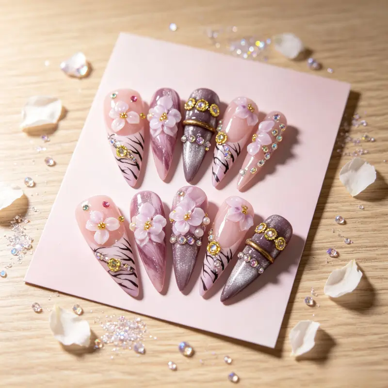 2-5$ per piece,Aelunya Handcrafted 3D Floral Blueberry Press On Nails, Glossy Nude Striped Reusable False Nails with Rhinestone Charms, Long Square Nail Tips for Women Girls