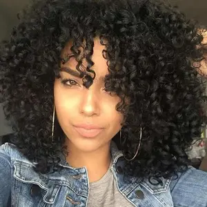 Xinran Black curly African women's wig, synthetic heat resistant curly wig with bangs, natural fluffy suitable for everyday wear
