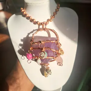 Big Crystal Tower Necklace Amethyst Fluorite Sodalite Labradorite Quartz Obsidian Necklace For Anniversary Birthday • Pure Copper Ball Chain