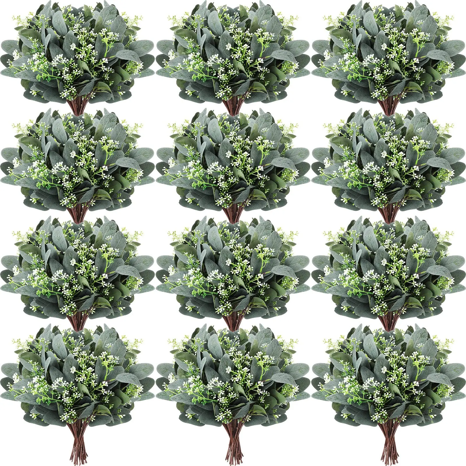 Bundled Bulk Silk Fabric Artificial Eucalyptus Leaves & Stems Set - Decorative Stable Greenery with White Seeds, Silver Dollar Sprays, Faux Oval Pieces for Floral Wreaths, Wedding Decor, Green Wall Decor, Ornaments, Plants