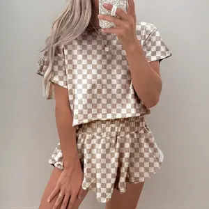 Dear-Lover Women‘s Two Piece Set Checkerboard T Shirt and Ruffle High Waist Skort Set 2026 Summer Casual Sets for Daily Wear