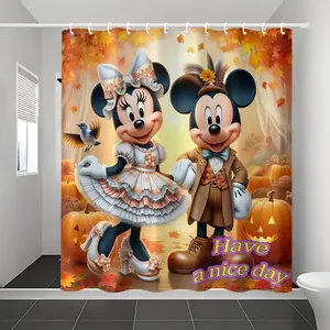DISNEY CLASSIC Autumn - Themed Mickey and Minnie Shower Curtain, Charming Couple Design with "Have a nice day"