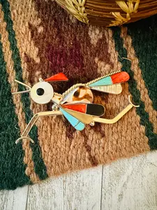 Handcrafted Multi Stone & Sterling Silver Inlay Roadrunner Brooch/ Pendant