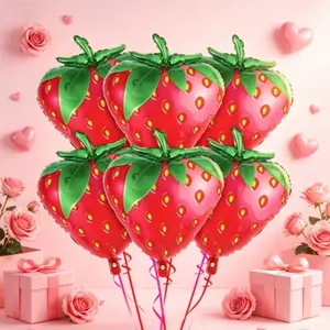 6pcs Cute Strawberry Aluminum Foil Balloons, 25.5 Inch 3D Fruit Shape, Self-Seal, Easy to Inflate, Summer Birthday Party Decor, Durable Balloons