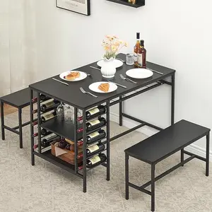 Dining Table Set for 4, Kitchen Table Set for 4 with 2 Benches, Rectangular Dining Room Table Set with Wine Rack, 3 Piece Dining Table Set for Small Space Apartment