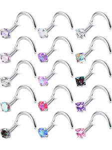 15 Pcs Colorful Facial, Nose Piercing Jewelry for Women Men Rainbow CZ Lip Nostril Piercing Pieces Daily Use 316L Surgical Steel Waterproof Skin-safe