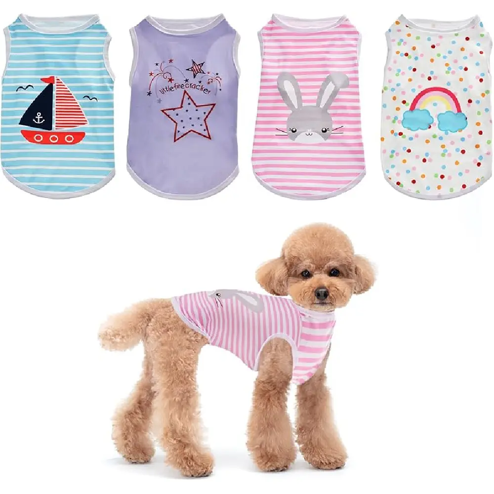 4-Pack Striped & Polka Dot Pet Shirts, Soft Sleeveless Cotton Clothing for Small-Medium Dogs & Cats, Breathable All-Season Wear, All Seasons, Lightweight Wear, Printed