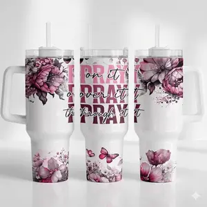 Christian Faith “Pray” 40oz Insulated Stainless Steel Tumbler Travel Mug, Inspirational Religious Gift for Women & Best Friends
