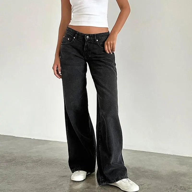 Women's Spring Summer Denim Pants Low Waist Wide Leg Trousers with Multi Pockets Jean Womenswear Women's Flare