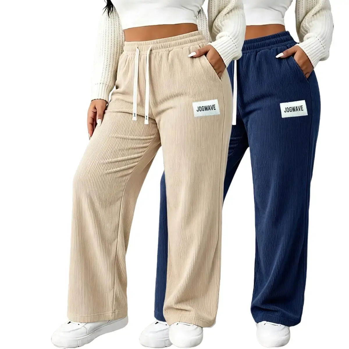 2‑Pack Plus‑Size Drawstring Corduroy Pants, Striped Corduroy Wide‑Leg Straight Trousers, Elastic Waistband with Back Pockets, Basic Minimalist Comfy Casual Womenswear, Back to School Outfits for College Campus Daily Wear