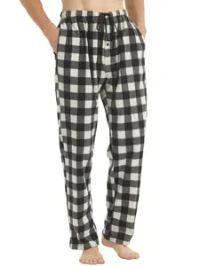 Men's Fleece Plaid Pants, High Waist Casual Winter Wear, Button Front Drawstring Design, Long Regular Fit, Perfect for Home & Outdoor Use