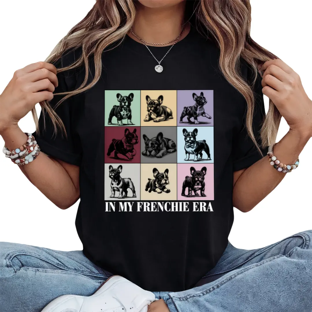 In My Frenchie Era Vintage T-Shirt, French Bulldog Grid Print Retro Tee, Heavyweight Cotton Oversized Crew Neck Top for Dog Lovers summerwins,