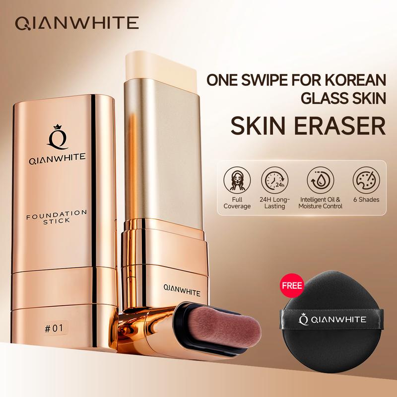 QIANWHITE Luminous Dual-Ended Concealer Foundation Stick with Built-in Brushes Complimentary Puff 24H Long-Lasting Waterproof Sweatproof One-Swipe Even Flawless Base Clear Radiant Skin Foundation Stick QIANWHITE Luminous Dual-Ended Concealer Foundation Stick with Built-in Brushes Complimentary Puff 24H Long-Lasting Waterproof Sweatproof One-Swipe Even Flawless Base Clear Radiant Skin Foundation Stick