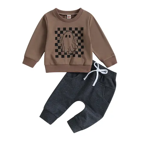 REDWOON Toddler Baby Boy Halloween Outfit Long Sleeve Ghost Sweatshirt Tops Elastic Waist Pants Fall Clothes