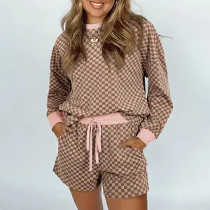 Women’s Checkerboard Long Sleeve Pullover and Drawstring Shorts Set, Two Piece Set 2025 Fall Outfits