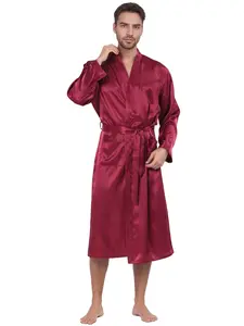 INSPIRE CHIC Men's Satin Robe Sleep Nightdress Long Sleeve Lounge Sleepwear Pajama Dress Bathrobe Red