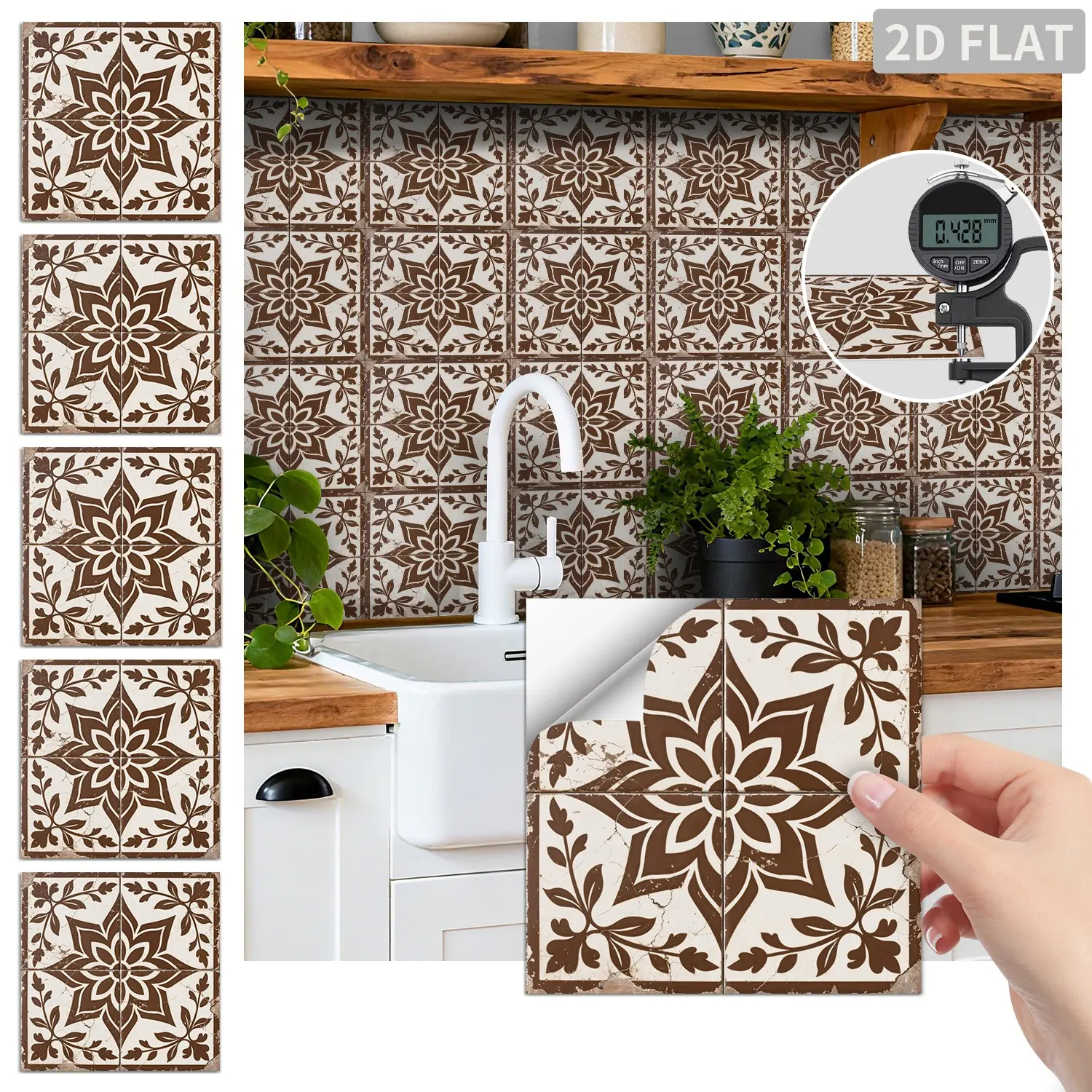 24PCS FHZ Beige Brown Vintage Floral Vine Tile Stickers PET Matte Peel and Stick Backsplash Waterproof Oil Proof Wall Decor for Kitchen Bathroom