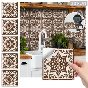 24PCS FHZ Beige Brown Vintage Floral Vine Tile Stickers PET Matte Peel and Stick Backsplash Waterproof Oil Proof Wall Decor for Kitchen Bathroom