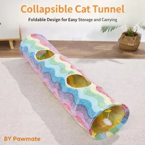 Cute Rainbow Pastel Cat Play Tunnel | Long, Foldable & Collapsible Peekaboo Cave, Interactive Entertainment & Stimulation with Waterproof Interior