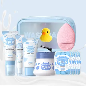 Milk Skincare Set, Moisturizing Skin Care Kit, Including Facial Cleanser, Eye Cream, Moisturizer, Sunscreen, Soap Tablet, Facial Puff, Duck Hair Clip, Cosmetic Bag, Face Care Products, Hydrating Kit, Body Care Sets, Moisture, Hydration Set