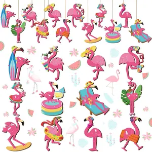 12-Piece Flamingo & Tropical Palm Leaf Floral Hanging Decorations, Artificial Wooden Flamingos, Perfect for Hawaiian Luau Weddings, Pool Party Decorations
