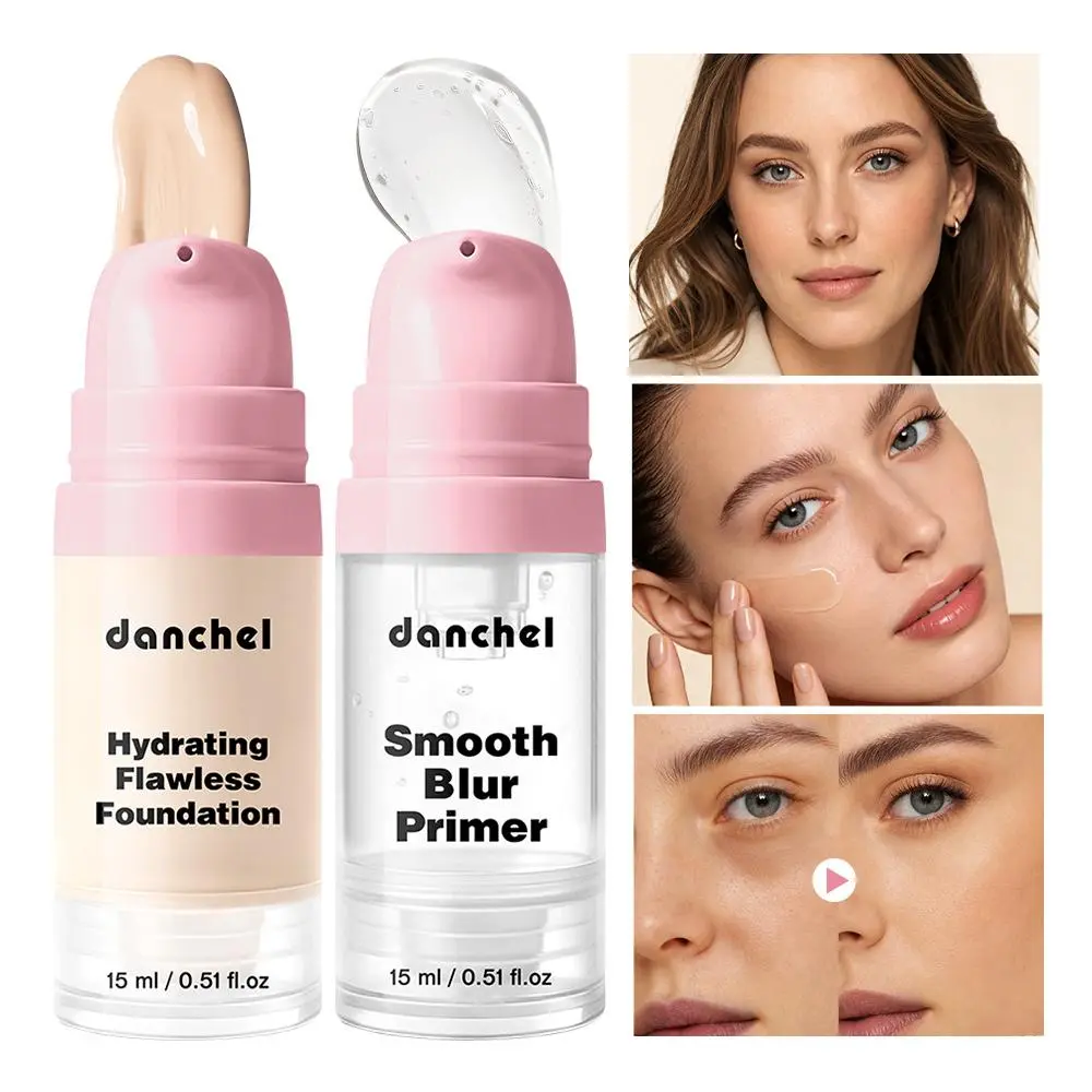 Makeup Set 2Pcs Primer & Liquid Foundation Long Lasting Buildable Medium Coverage Hydrating Smooth Blur Pores Base Makeup