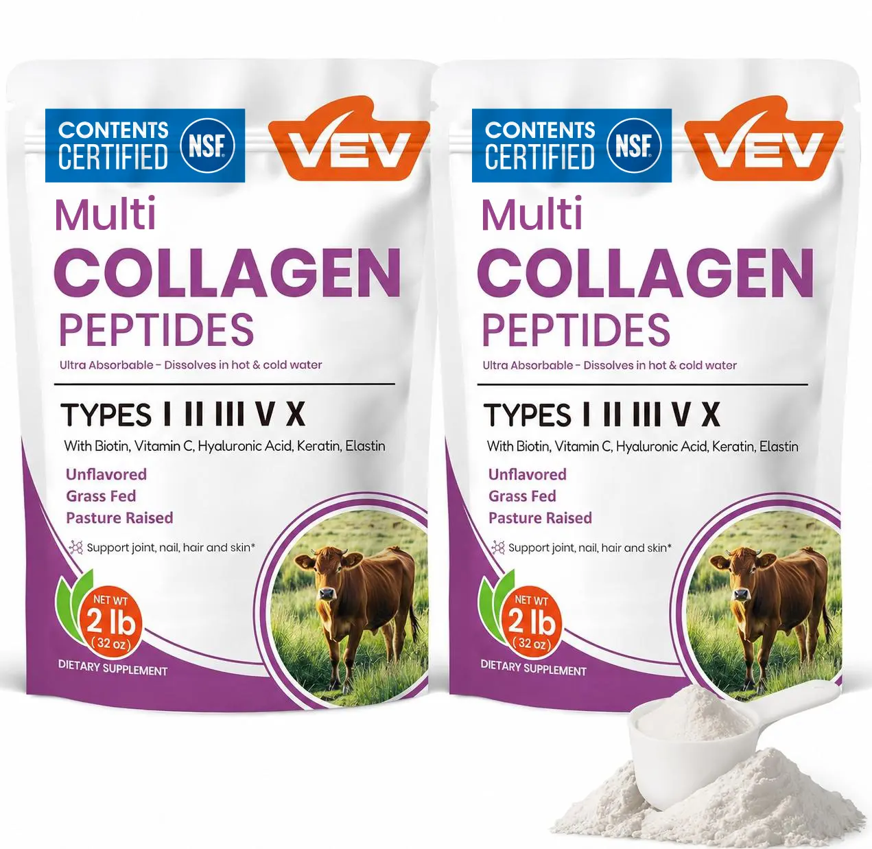 VEV Multi Collagen Peptides Powder – Type I, II, III, V, X, Hyaluronic Acid, Biotin, Vitamin C – 2 lb per Bag, 2-Pack, NSF Certified Beauty Dietary