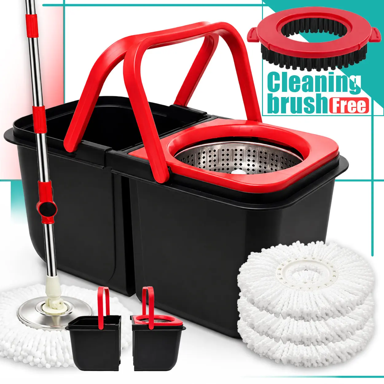 up-61' Spin Mop Bucket Set with Wringer - Collapsible Space-Saving Dual-Chamber System, Adjustable Stainless Steel Telescopic Handle, Built-in Drain Plug, Brush & 3 Reusable Microfiber Mop Heads for Hardwood, Tile Floors
