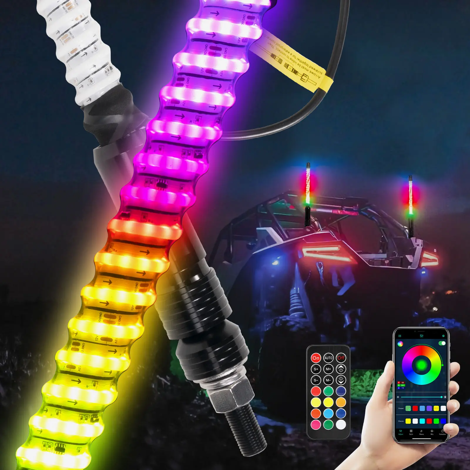 ANGU OFFROAD 2PCS 1ft COB Blinker Signals - 12-24V App & Remote Control LED Side Lights, Whip/Fat Whip Lights for UTV, ATV, SXS, Go Kart Automotive Decorative Accessories, Led Side Light, Turn Signals