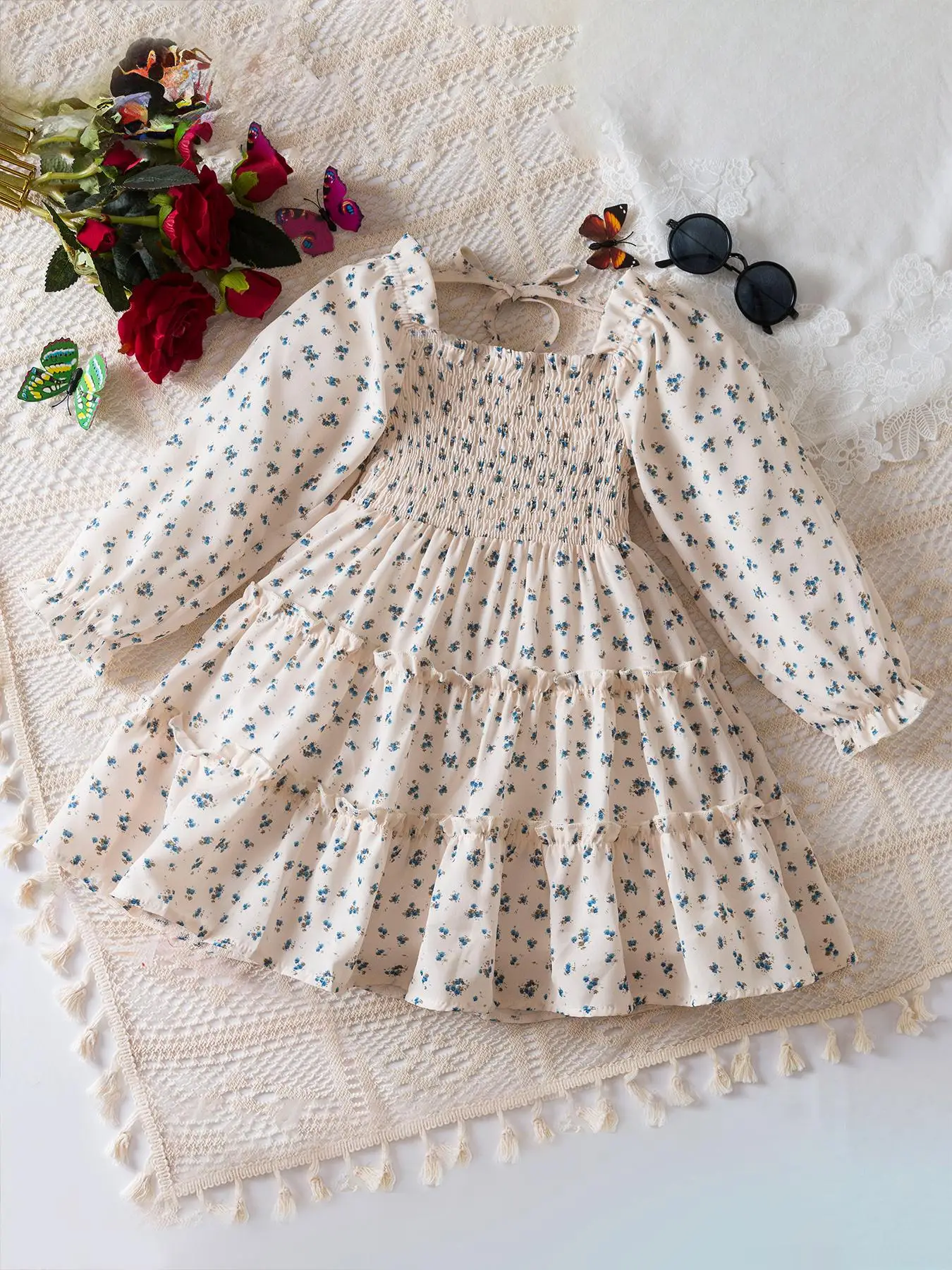 Girl's Floral Print Ruffle Trim Dress, Cute Long Sleeve Square Neck A Line Dress for Spring & Fall, Kids Clothes for Daily Wear