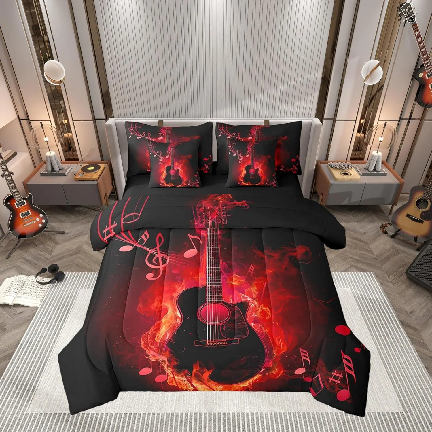 Electric Guitar Comforter Set,7 Pcs,Rock Music Theme Guitar Musical Notes Bedding Set,Neon Red Glowing Modern Artistic(Comforter+Fitted+Flat Sheet+2 Pillowcases+2 Throw Pillow Covers)