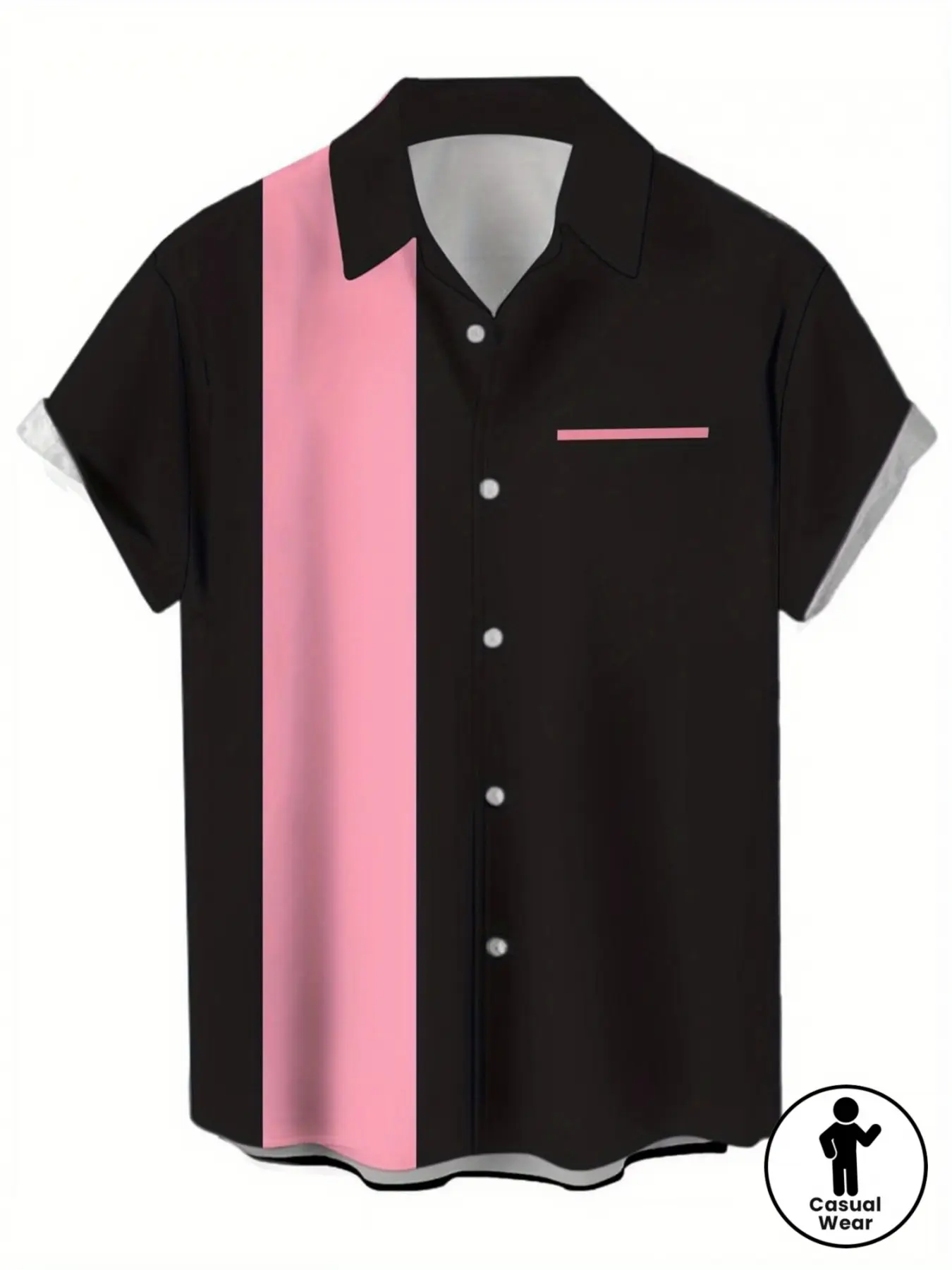 Men's Vintage 1950s Bowling Shirt - Black and Pink Contrast Classic Collared Button-Up Top, Lightweight Summer Vintage Style Casual Buttons Streetwear, Beach Vacation Outfit, Casual Loose