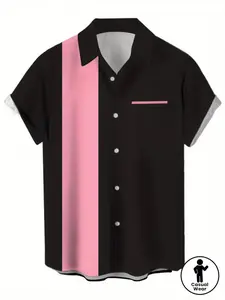 Men's Vintage 1950s Bowling Shirt - Black and Pink Contrast Button-Up Top, Lightweight Summer Vintage Style Casual Streetwear, Beach Vacation Outfit,