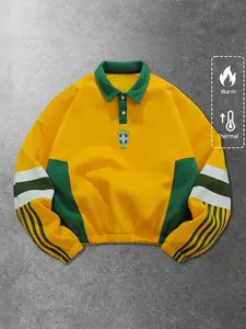 Men's Vintage Brazil Football Fleece Polo Sweatshirt, Classic, National Team Badge Print, Casual Streetwear, Stripes