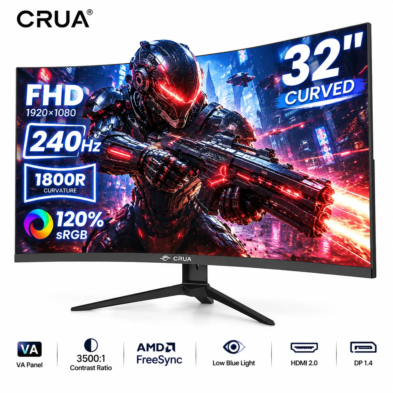 CRUA 32" Black Curved Gaming Monitor, VA Panel, 1080P Full HD, 1800R Curvature, 240Hz Refresh Rate, AMD FreeSync, 120%sRGB, 3500:1 Contrast, Low Blue Light, HDMI 2.0/DP 1.4, 100x100mm VESA Wall Mount for PC Gamers