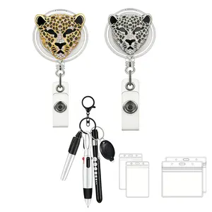 Full Drill Leopard Head Badge Clip, and Silver Color, 360 Rotatable Design, Keychain Pen Included, Waterproof ID Card Holder